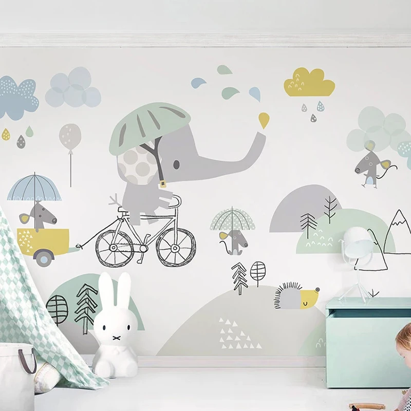 

Custom Mural 3D Cute Cartoon Elephant Riding Bicycle Hamster Clouds Children Room Bedroom Background Wall Decoration Wallpaper