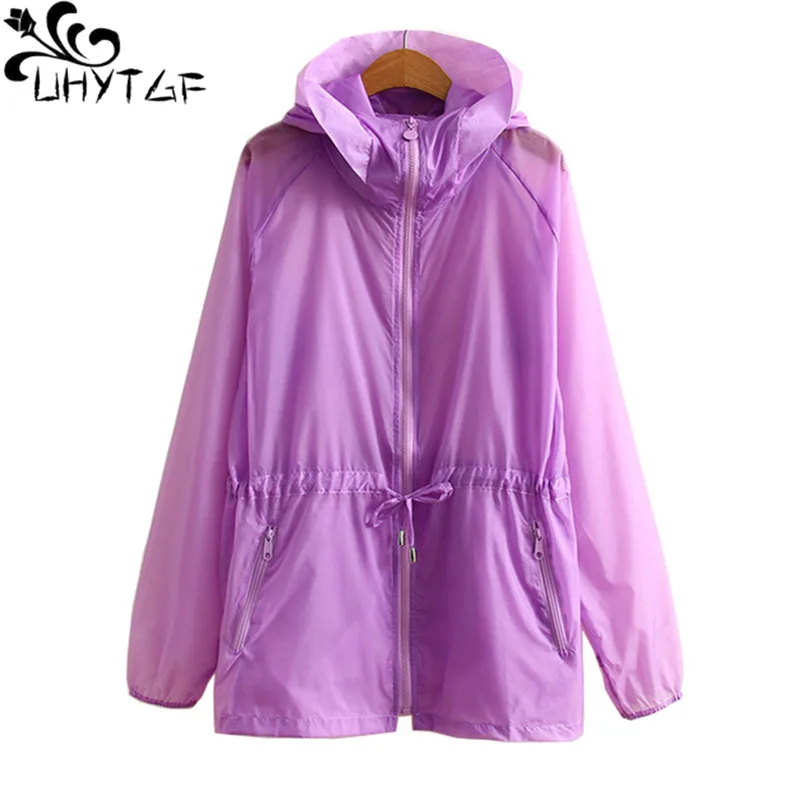 UHYTGF moda spiaggia estate top cappotto donna manica lunga con cappuccio traspirante protezione solare abbigliamento sottile 7XL giacca di grandi dimensioni 886