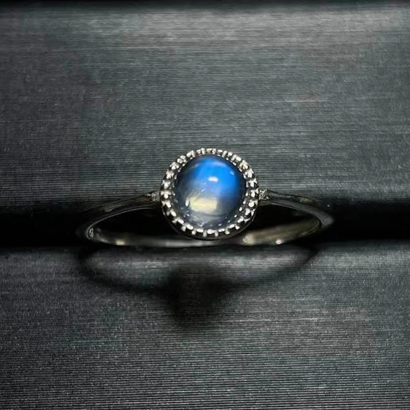 New Arrival Round Cut 5X7mm Natural Blue Strong Flash Moonstone Ring 925 Sterling Silver Jewelry