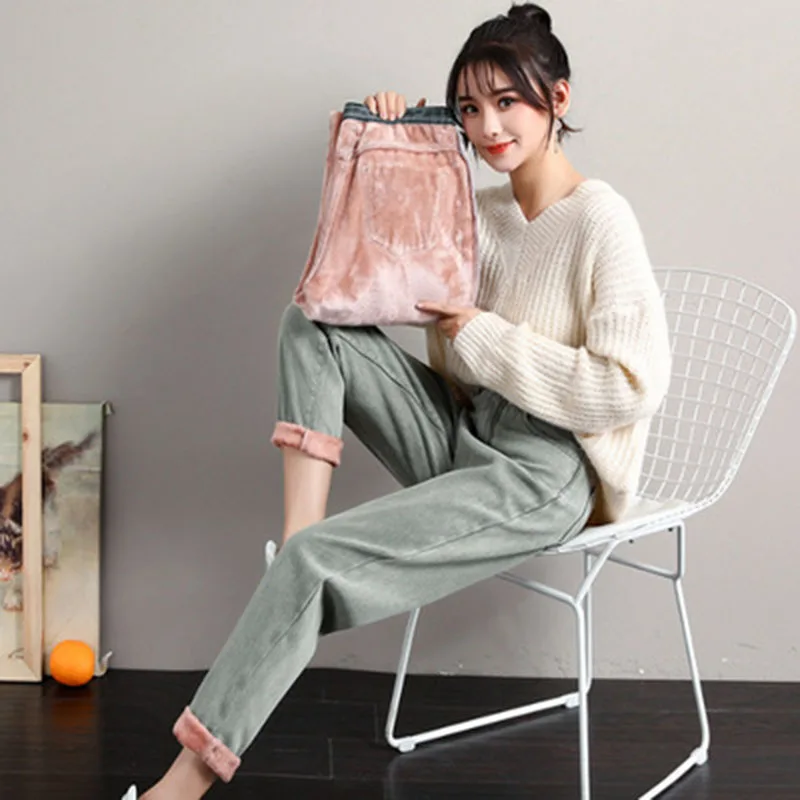 Jeans plus velvet thickening loose winter trend personality straight high waist harem pants winter warm daddy pants