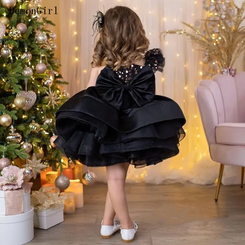 Glitter Sequins Fluffy Flower Girl Dress Princess Black Organza First Communion Dress Little Bride Dress Girl Birthday Dresses