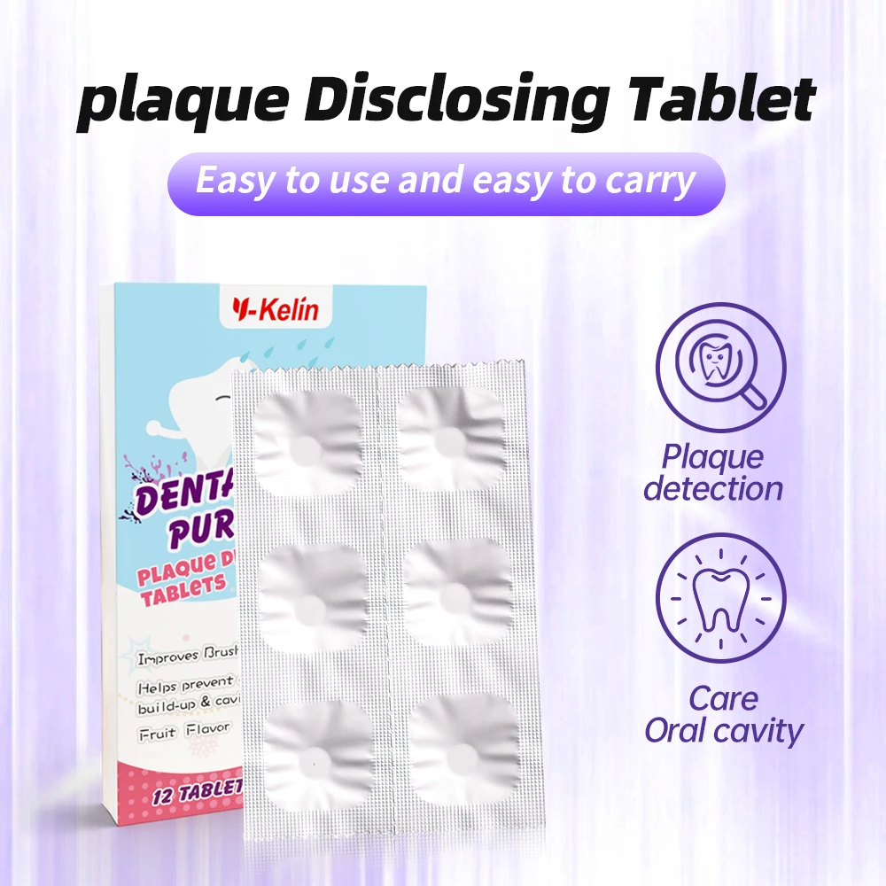 Y-kelin-Pastillas de placa de identificación Dental, agente de detección púrpura para cepillar los dientes de adultos Y niños, nuevo paquete, 12 Pestañas/1 paquete