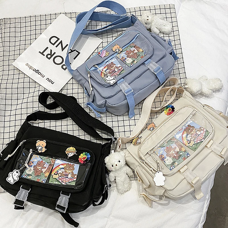 New Style Ladies Transparent Pocket Messenger Bag Girls Cartoon Badge Cute Ita Bag Crossbody Bag Student Kawaii Shoulder Bag