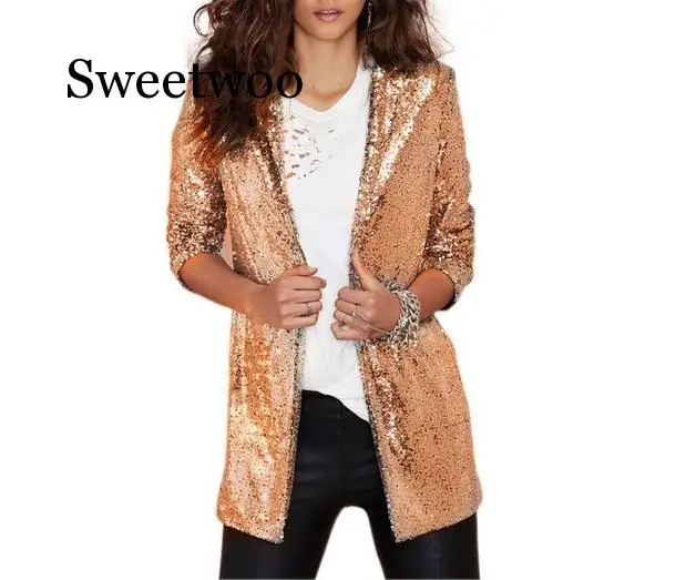 

Autumn Fashion Women Silver Sequined Coats Turn-down Collar Long Sleeve Outwears Cardigan Jackets