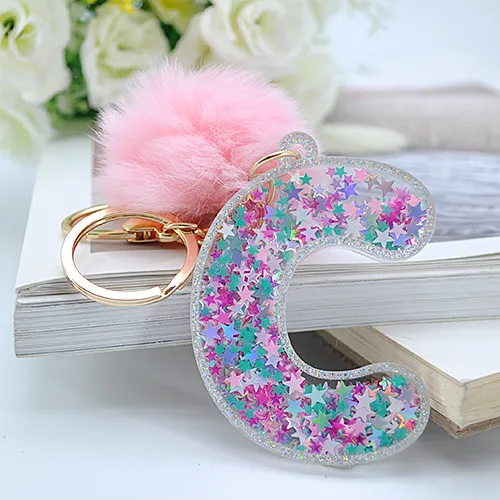 1PC Women Keychain English Letter Glitter with Puffer Ball