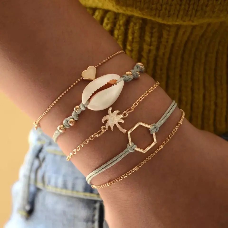 5 pcs/set Boho Vintage Sea Shell Bracelet Set Coconut Tree Heart Hexagonal Female Charm Bracelets For Women Jewelry Gifts