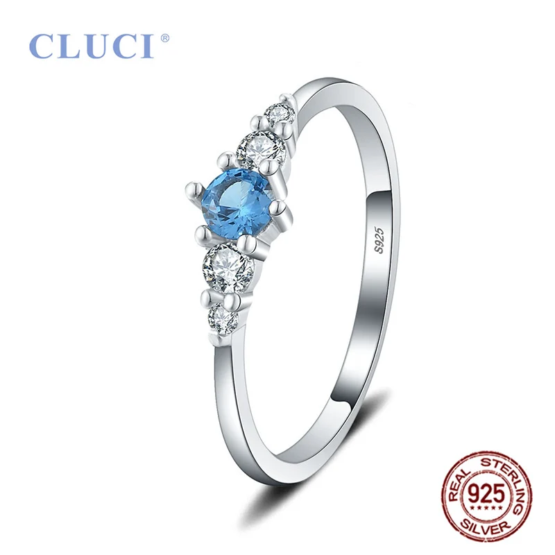 CLUCI 925 Silver Classic Six Claws Blue Wedding Ring for Women Sterling Silver Ring Jewelry DR1052SB