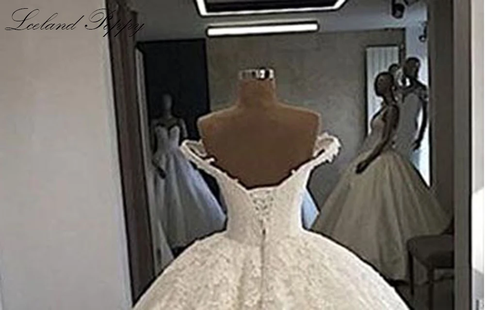 Lceland papoula laço apliques bola vestido de casamento vestidos fora do ombro frisado até o chão vestidos de noiva novia