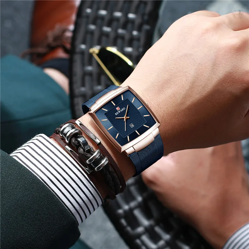 Reward 2021 Men watches Luxury Business Square Dial Quartz Wrist Mesh Waterproof Steel Classical Wristwatch for Men Reloj Hombre