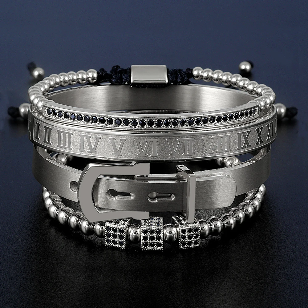 Zalman 4pcs/Set Men Titanium Steel Roman Numeral Beaded Bracelets Horseshoe Buckle Bangles Boy Pulseria Luxury Handmade Jewelry