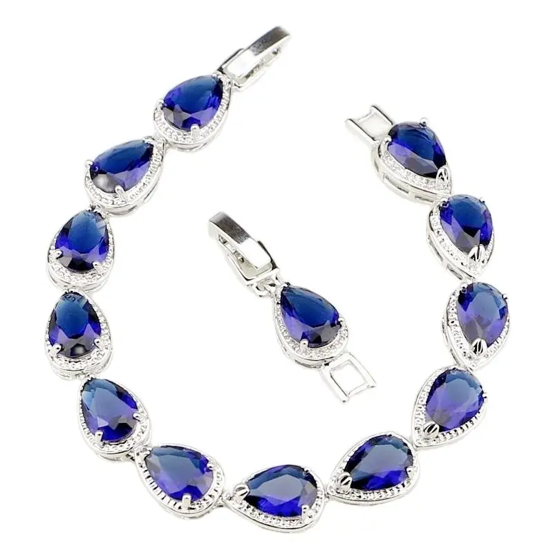 Elegant Blue Crystal Tennis Bracelet for Women Fashion Water Drop Link Bracelet Wedding Jewelry Gift