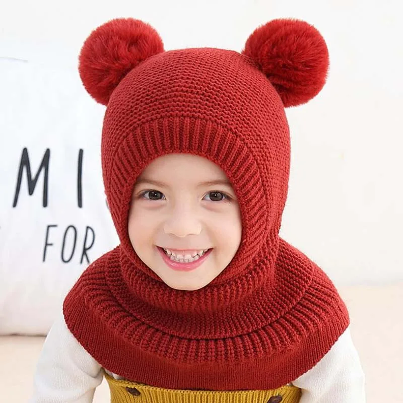 Doitbest 2 to 6 Y Winter Hat Beanies Boys Beanie two hairball Child Knit Fur Hats Protect face neck Kids Girls Earflap Caps