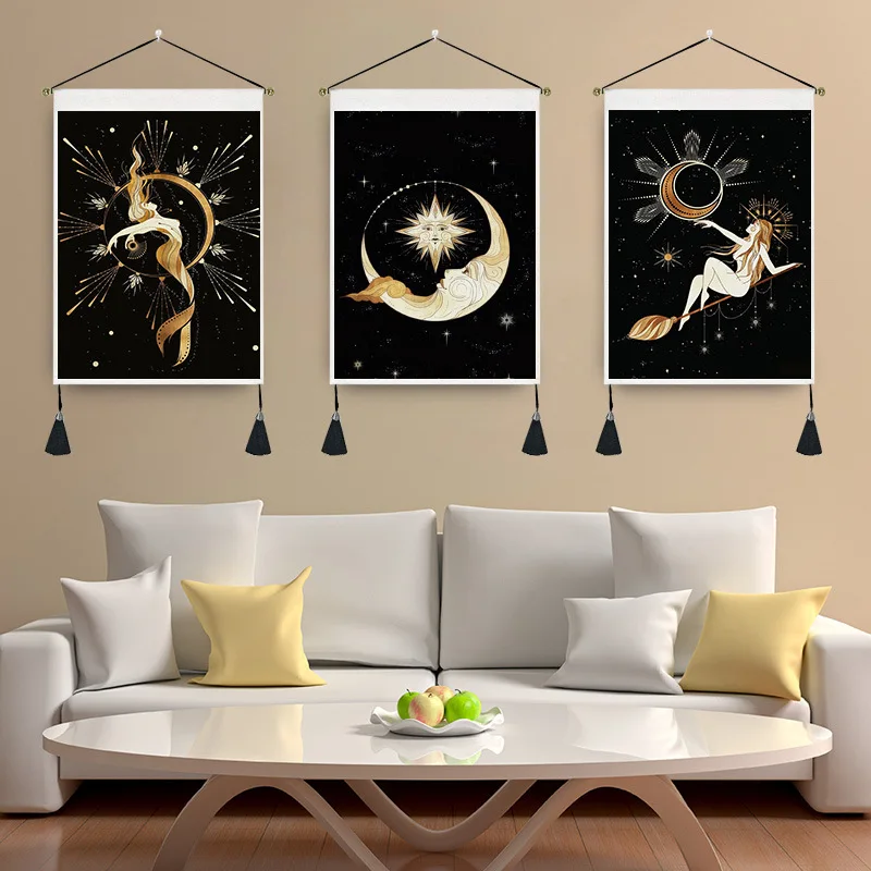 Bohemian Sun Moon Girl Tapestry Wall Hanging Ins Ethnic Style Home Background Wall Hanging Painting Decoration Tassel Tapestry