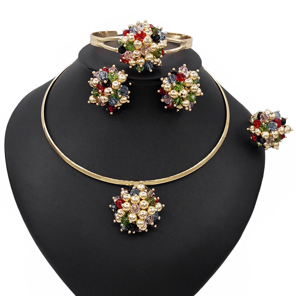 Yulaili High Quality Dubai Multicolor Gold-Color Jewelry Sets For Women African Beads Fashion Choker Earrings Bracelet Ring