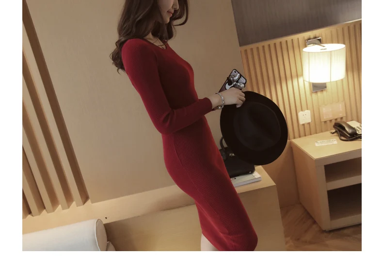 Women Bodycon Dresses 2020 New Winter Autumn Slim Pullovers Long Sweater Tunics Poncho Female Pull Femme Red Gray Black