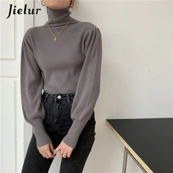 Jielur Blue Turtleneck knitted Sweaters Female New Autumn Winter All-match Slim Bottoming Tops Black Puff Sleeve Women Pullovers