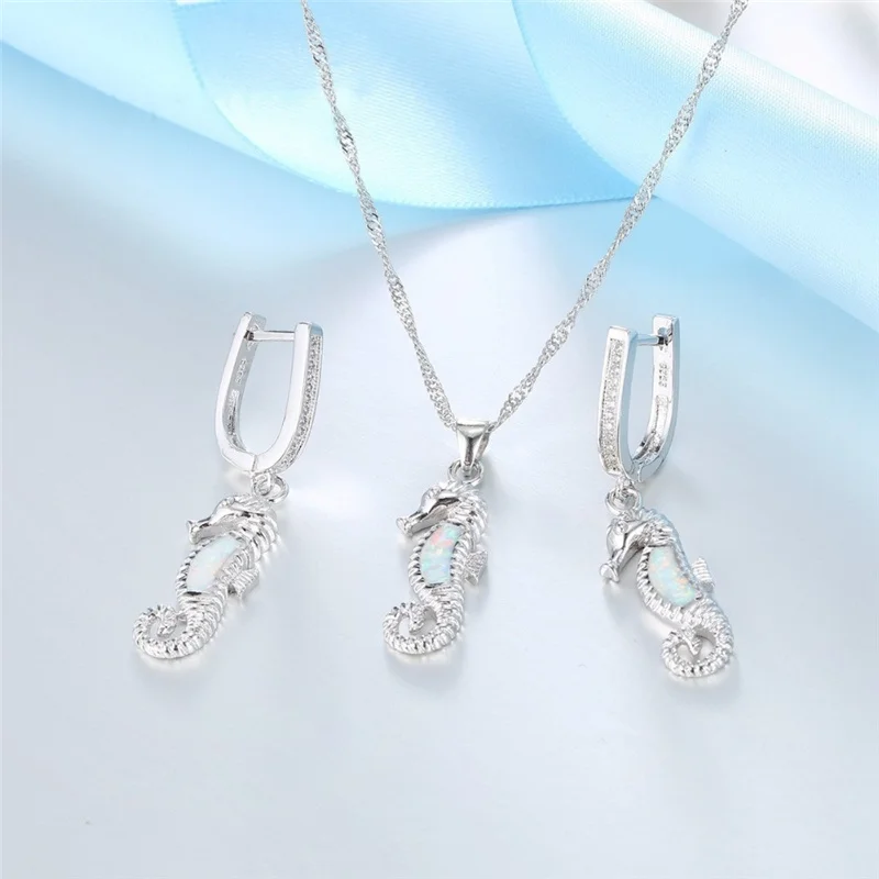 Ladies Jewelry Set Cute Inlaid Seahorse Pendant For Women Wedding Accessories Girl Necklace Earring Birthday Gift