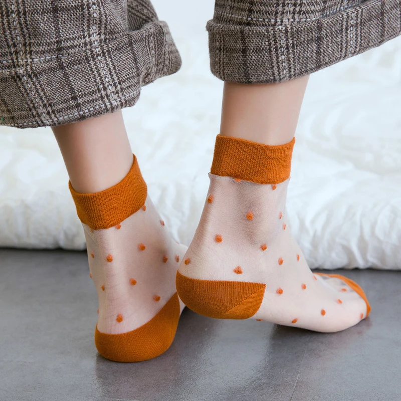 Transparent Cute Socks Ultra-Thin Glass Lace Silk Socks Women Harajuku Japanese Style Sox Girl Sweet Candy Color Thin Hosiery