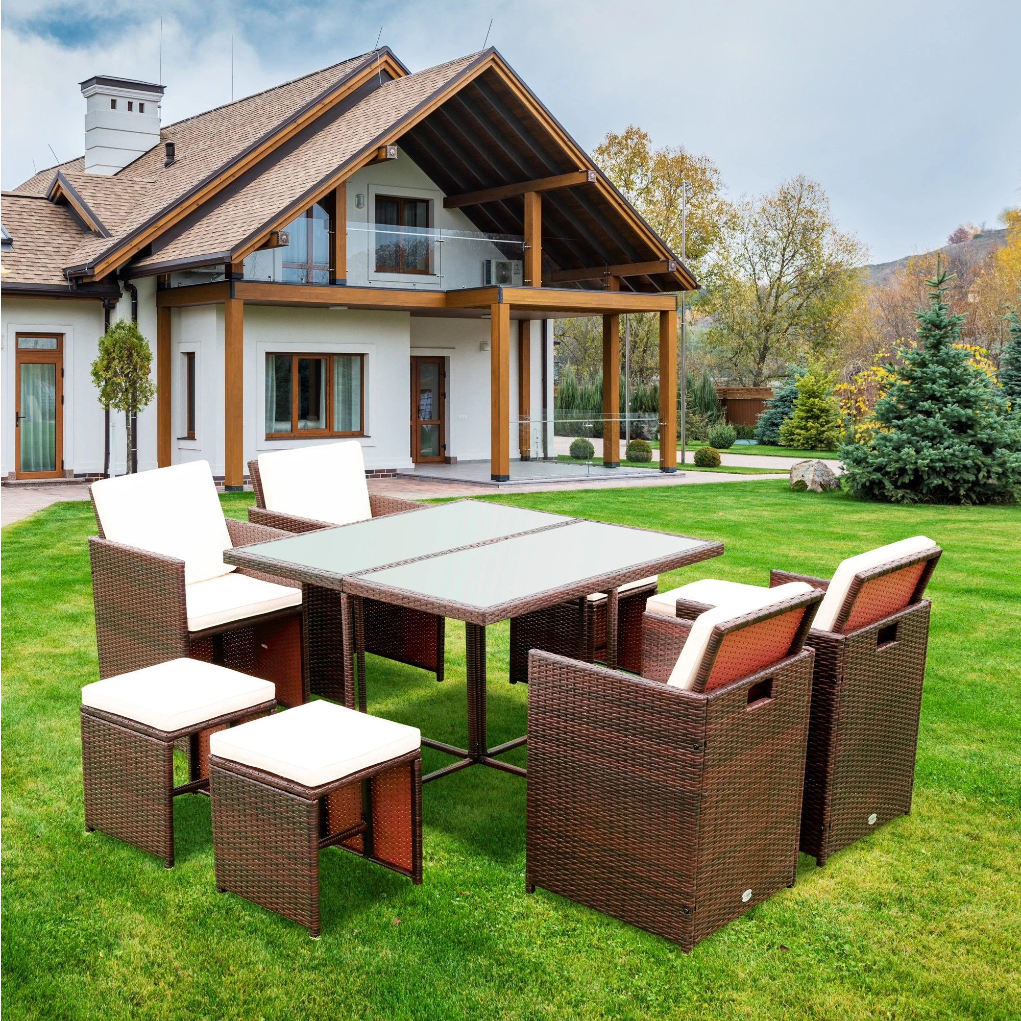 Patio 9 Pcs Dining Set Outdoor Furniture Space Saving Rattan Chair Table Cushioned Seating&Back Sectional Conversation[US-Depot]