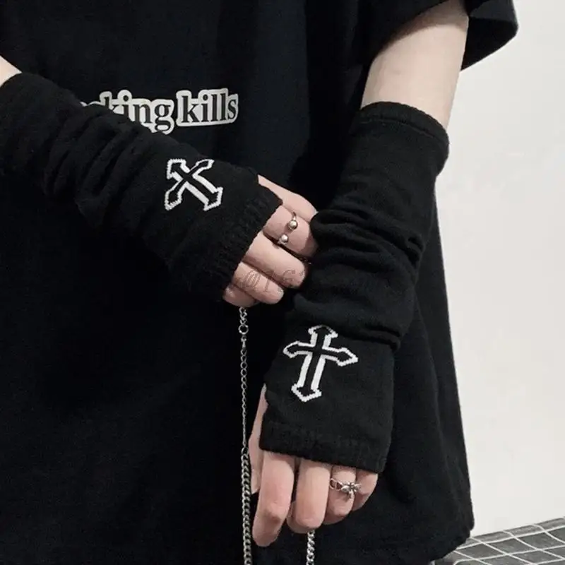 Gothic Harajuku Punk Style Black Cross Half Finger Long Glove Women Knit Length Sleeve Fingerless Gloves Streetwear