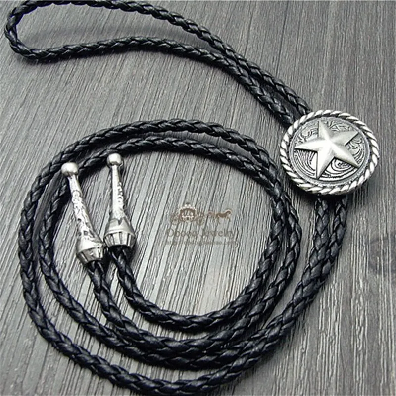 

Bolo tie Gold and silver color The latest retro chain Pentagram round card Poirot tie rope leather necklace Long tie hang