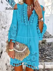 Tassel Sexy Boho Long Dress Women lace Fall Solid Hollow Out V-Neck Lace sexy Dresses bohemian style  Dress vestidos