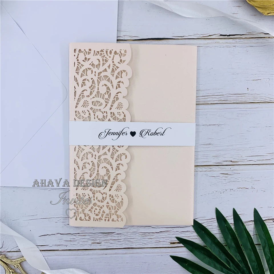 Elegant Blush Tri-fold Lace Laser Cut Wedding Invite With Customized Belly Band&RSVP Card