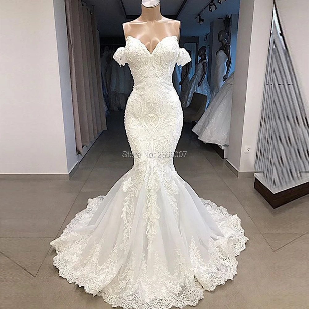 

Elegant Sexy V Neck Mermaid Wedding Dress Off The Shoulder Lace Appliques Backless Wedding Gowns Custom Made Appliques Dresses