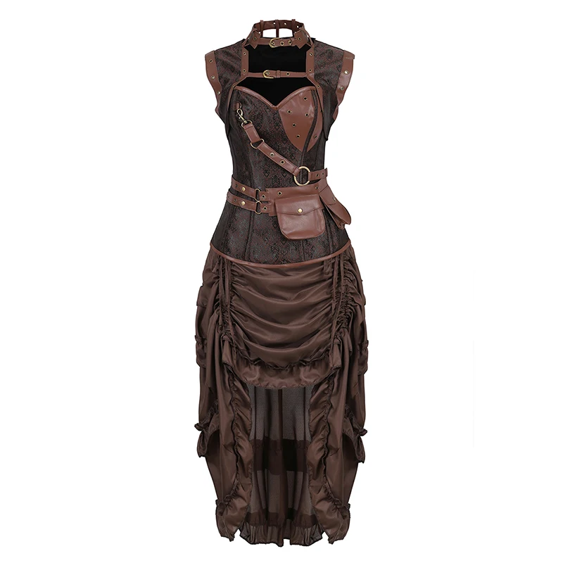 Brown Steampunk Corset Dress Vintage skirt Goddess Costume High Low Ruffle Party Pirate Skirts Lolita Medieval Victorian Set