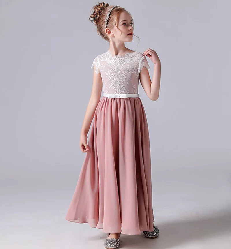 Dideyttawl Pink Long Lace Junior Bridesmaid Dress Short Sleeves Flower Girl Dresses Chiffon Girls Formal Birthday Party Gowns