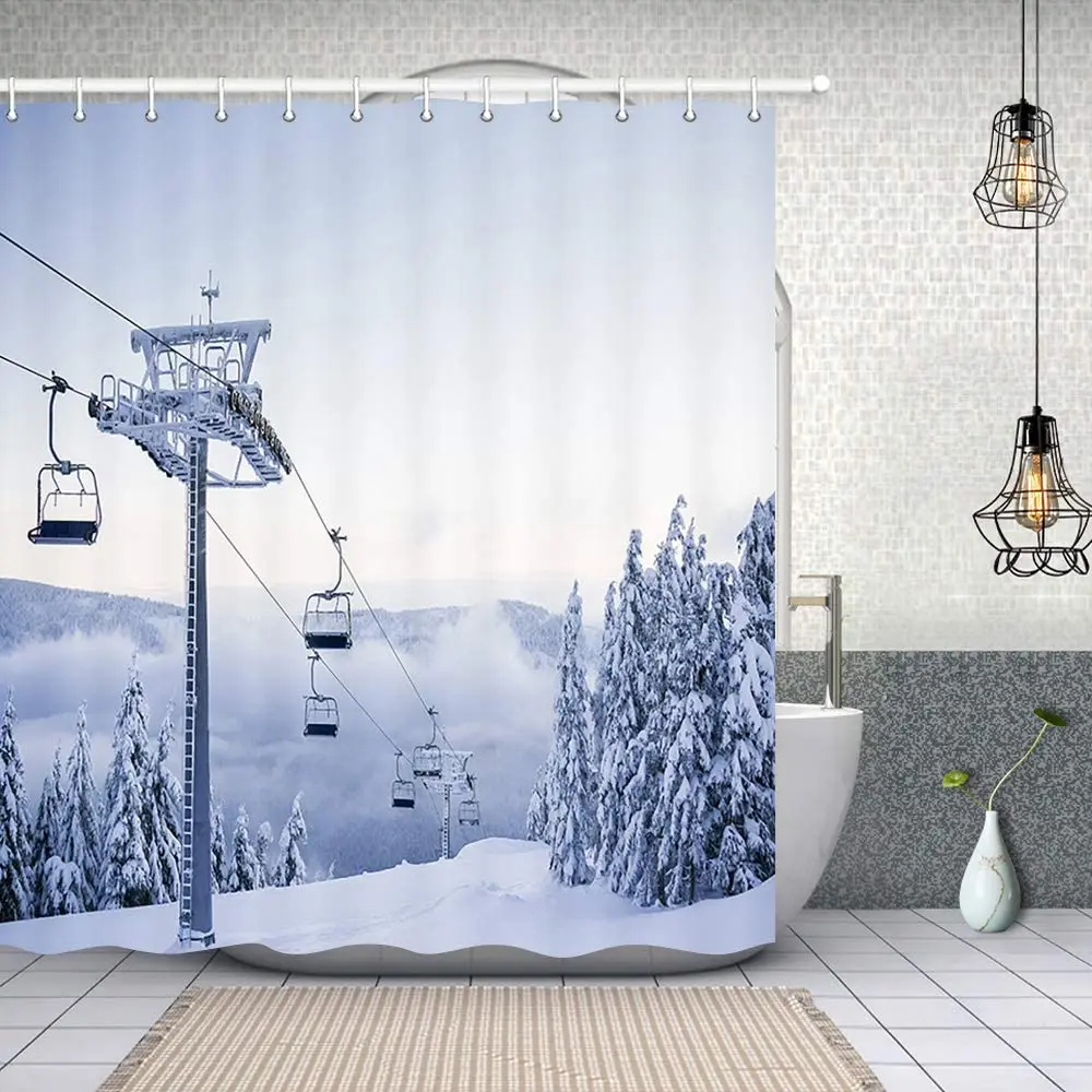 Winter Sport Snow Skiing Shower Curtains Cable Car on Ski Field with Pine firs Forest in Snowy Mountains Fabric Bath Curtain Set