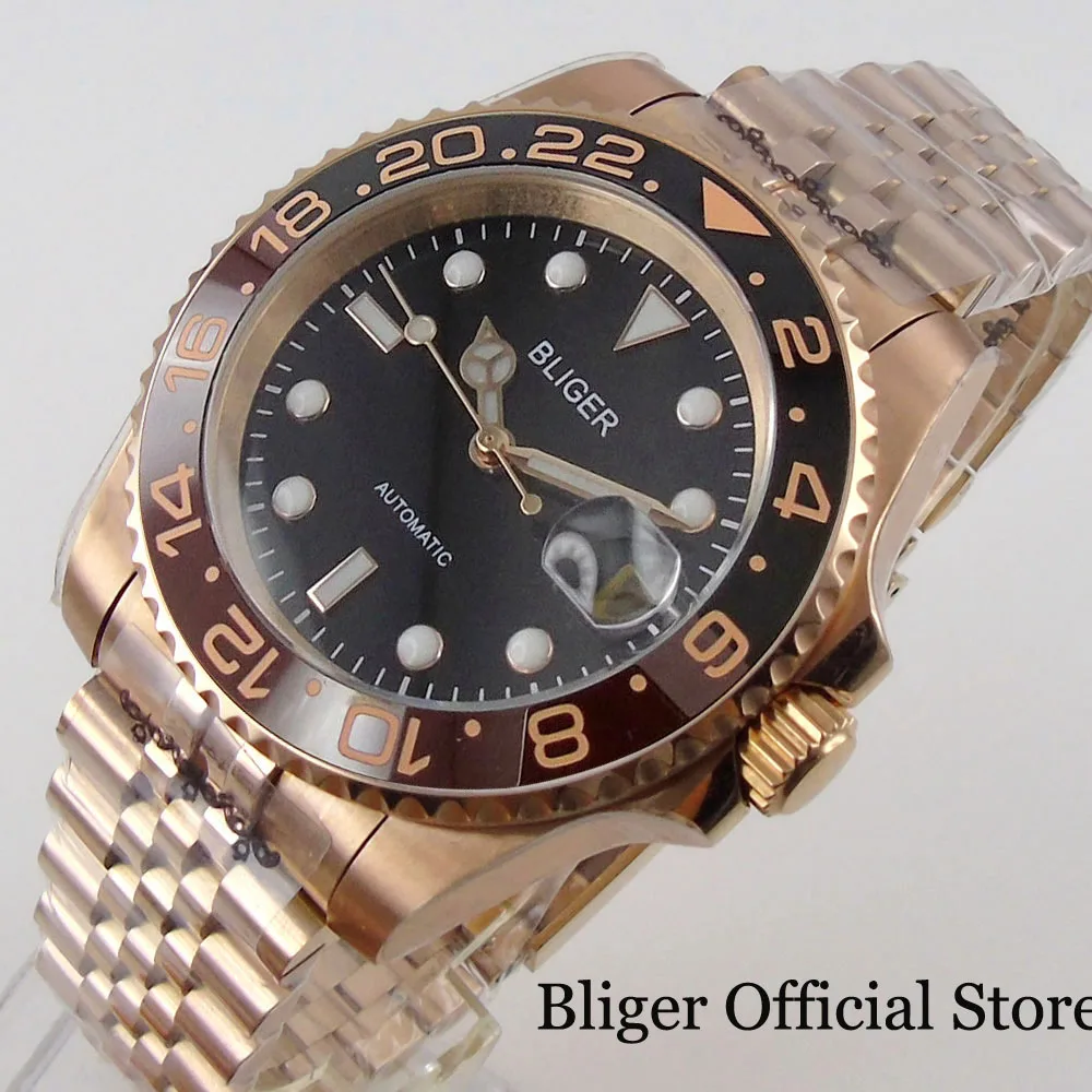 BLIGER PT5000 NH35A Rose Gold Automatic Men Watch Jubilee Steel Band Black Coffee GMT Insert Date Magnifier Screw Crown