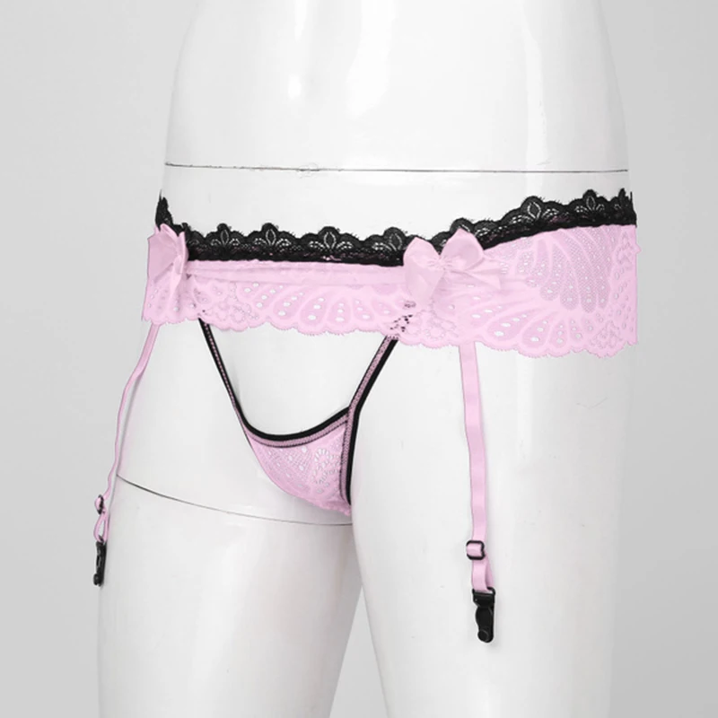 Heren Lingerie Sissy Ondergoed Holle Kant Rok Thongs Strik Crotchless T-Back Slipje Met Jarretellegordel G-string Slips