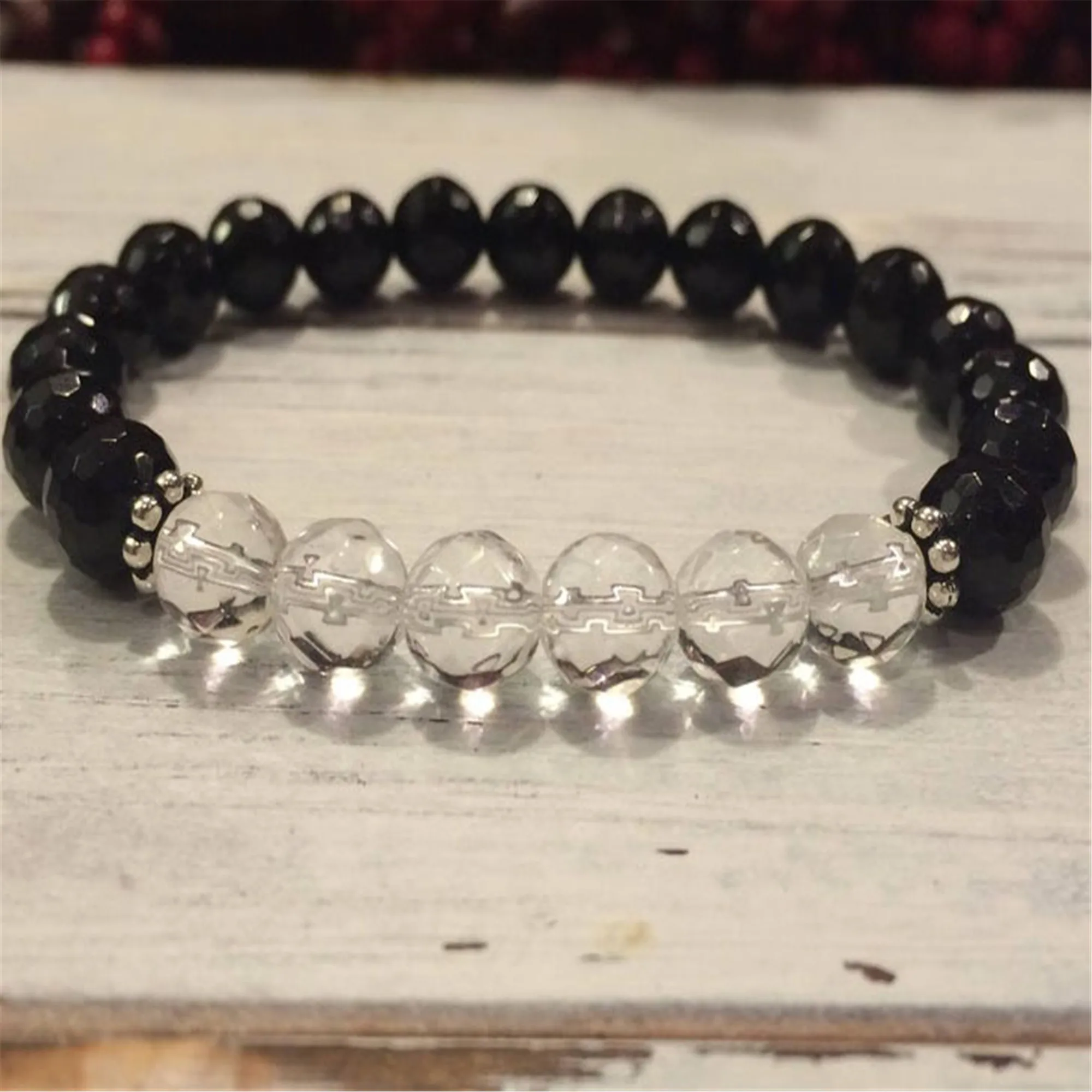 8mm Tourmaline White crystal Gemstone Mala Bracelet 7.5 inches Bless Ruyi Chakas Meditation Lucky Stretchy