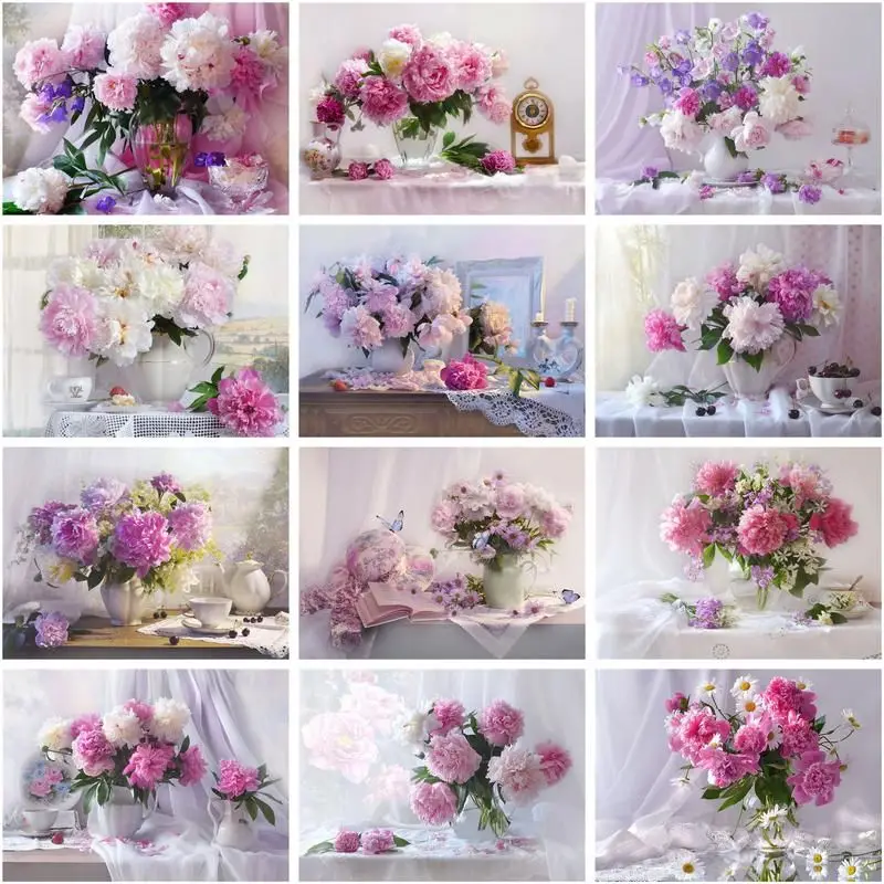 GATYZTORY Painting By Number Pink Peony Drawing On Canvas Handpainted Art Gift Diy Pictures By Number Flowers Vase Kits Home Dec