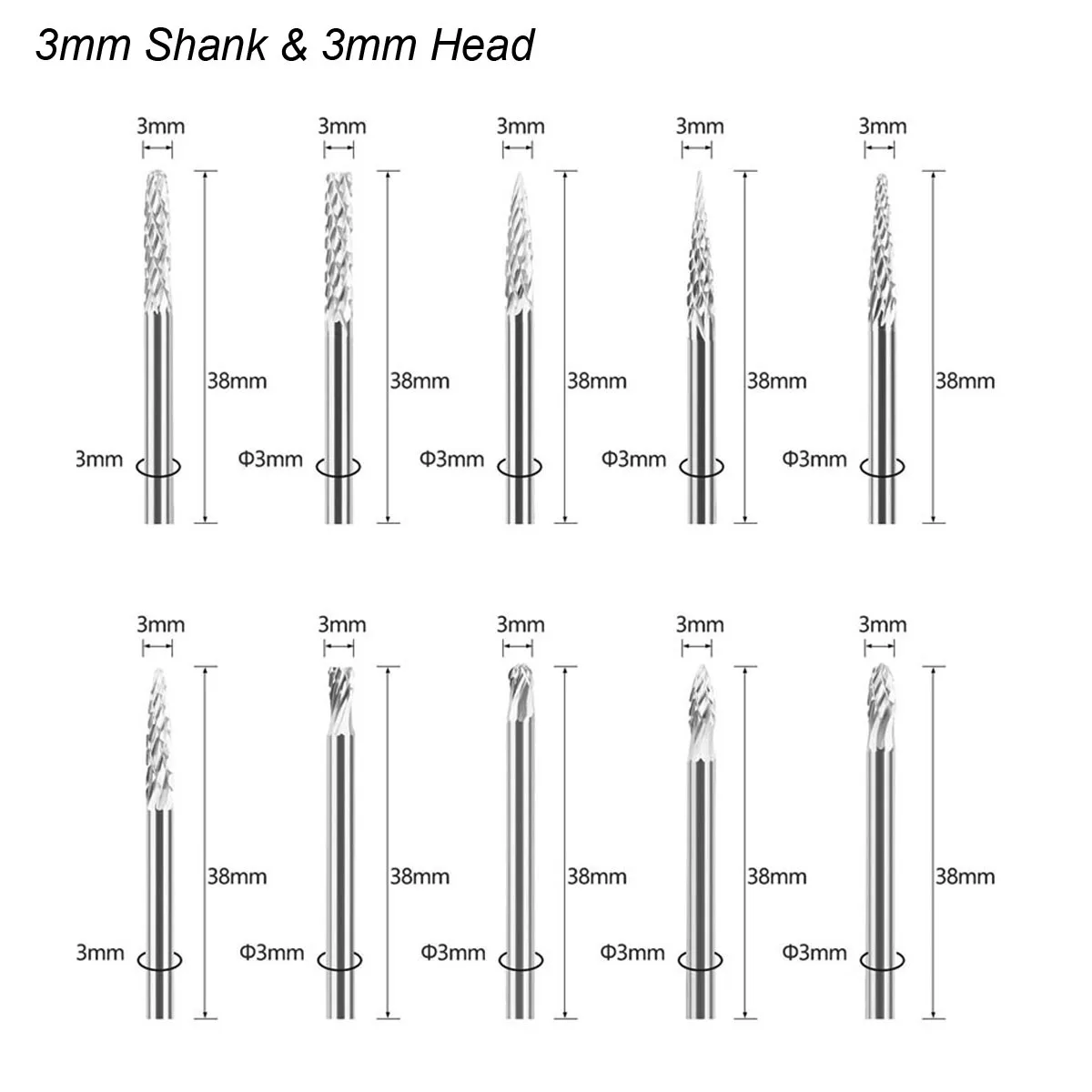 Rebaba de carburo de tungsteno de 3mm, tallado, grabado, Lima rotativa, molienda de diamante, acero, madera, Metal, trabajo, cortador de fresado,