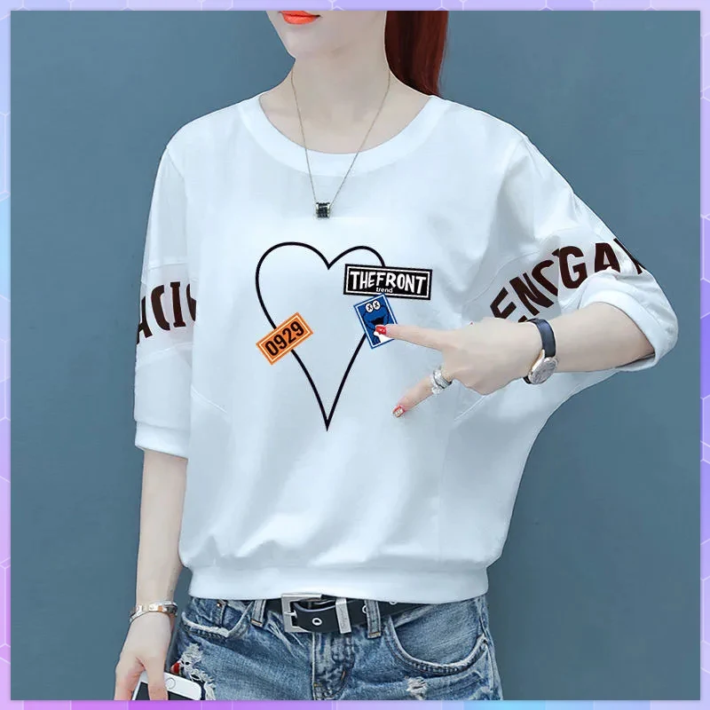 Heart Print Oversized T-shirt Women Cotton T-shirts 2021 Summer Cartoon Half Sleeve Top Casual Loose Tshirt Femme Korean Tops