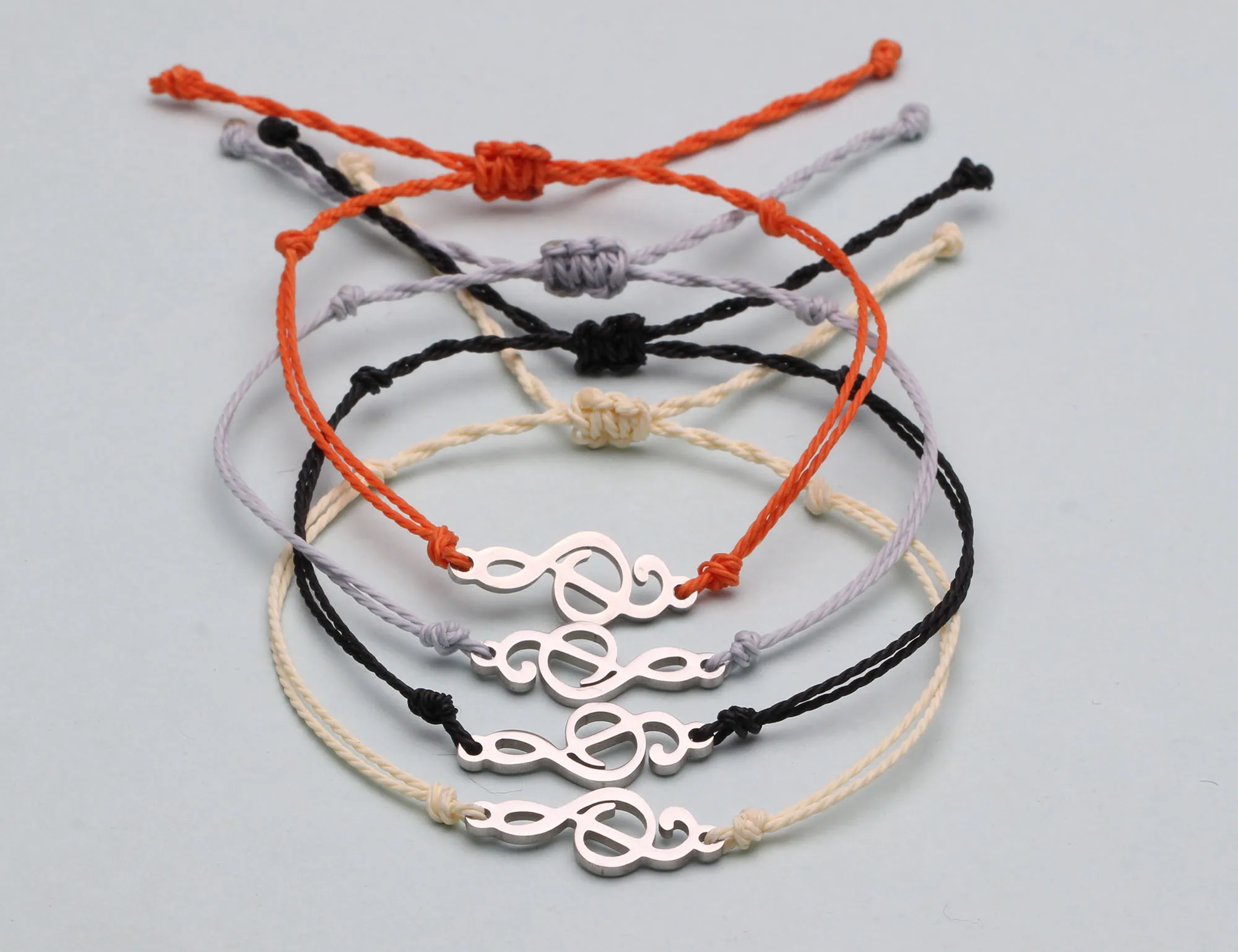 Pretty Cute Stainless Steel Musical Notation Charm Bracelet Women Female Grey Black Beige Wax Coated String Handcrafted Jewelry