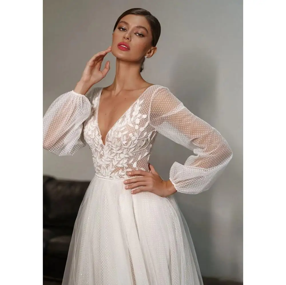 2020 langen Ärmeln Boho Hochzeit Kleider Sexy V-ausschnitt Puff Sleeve Spitze Appliques Dot Tüll Braut Kleid Strand EINE linie vestido De Noiva