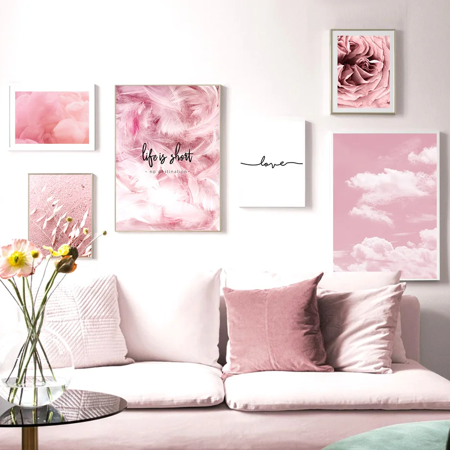 Pink Bathtub Sky Feather Rose Quote HD Wall Art Canvas Painting Nordic Posters And Prints Wall Pictures For Living Room Decor