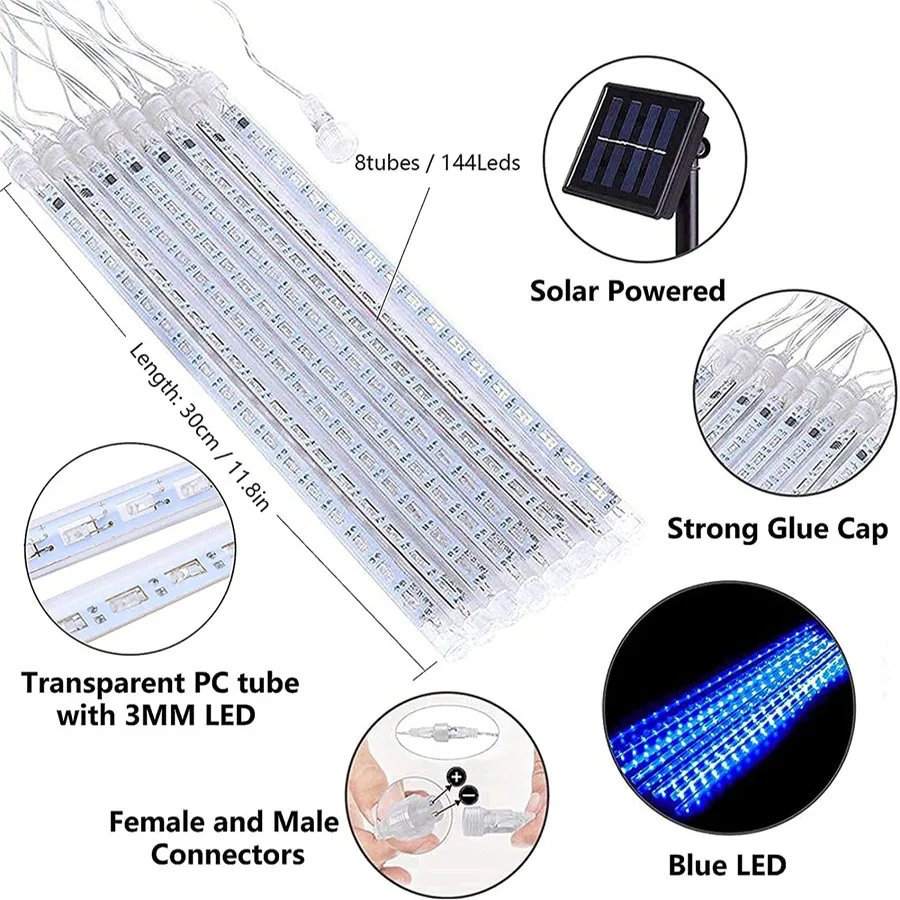 Untaian Lampu Tali Led Tenaga Surya 8 Tabung Lampu Hujan Meteor Surya Lampu Hujan Luar Ruangan Lampu Hujan Musim Gugur untuk Atap Pohon Kebun