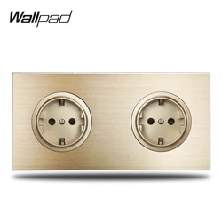 Wallpad L6 Gold Double German Schuko EU Electric Power Outlet Wall Socket Gold Brushed Aluminum Metal Panel, 172*86mm