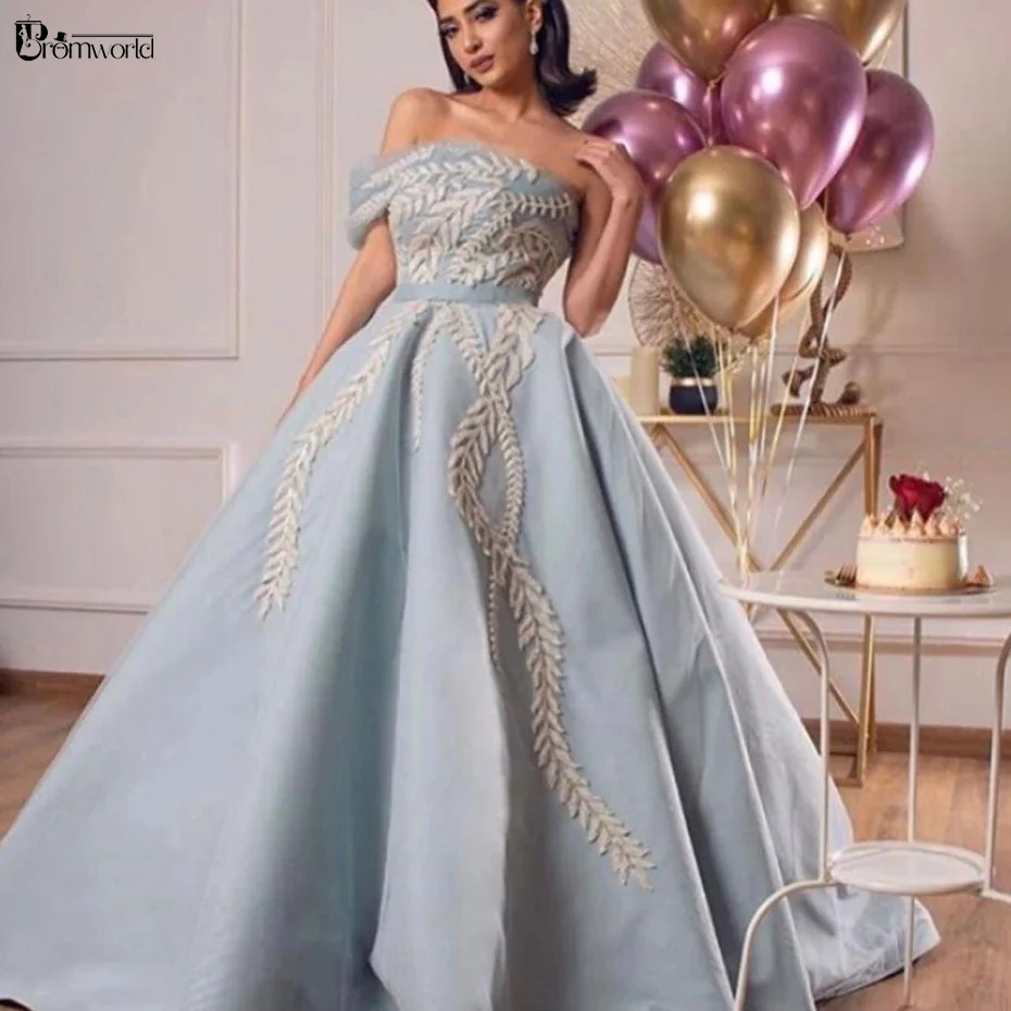 플러스 사이즈 아랍어 이브닝 드레스 2021 Vestidos De Fiesta Sky Blue Strapless Party Ball 가운 Lace Dubai Formal Prom Dress Long