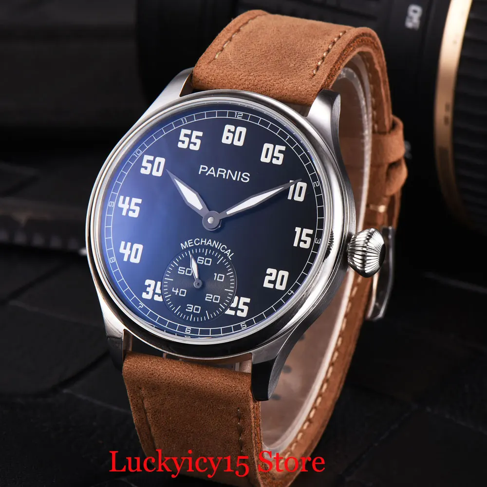 5 Models PARNIS Classic Hand Winding Men's Watch 6497/6498 Movement 44mm Silver Color Watch Case