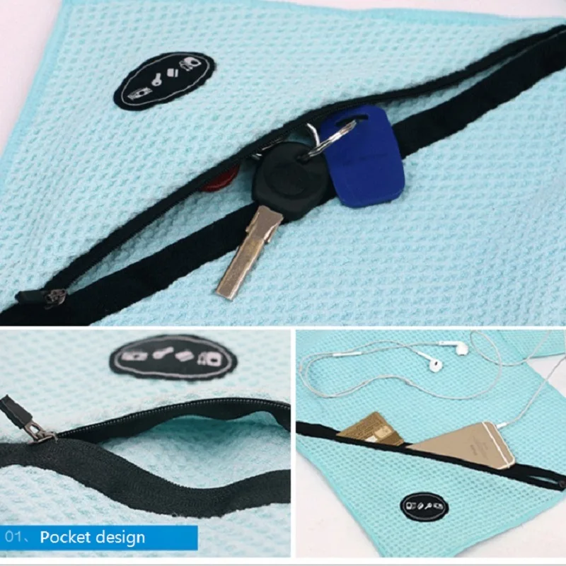 Waffle Checks Microfiber Sports Towel with Zipper Pocket 30*110cm Quick Dry Swimming Camping Travel Gym Yoga Golf Towels Fitness