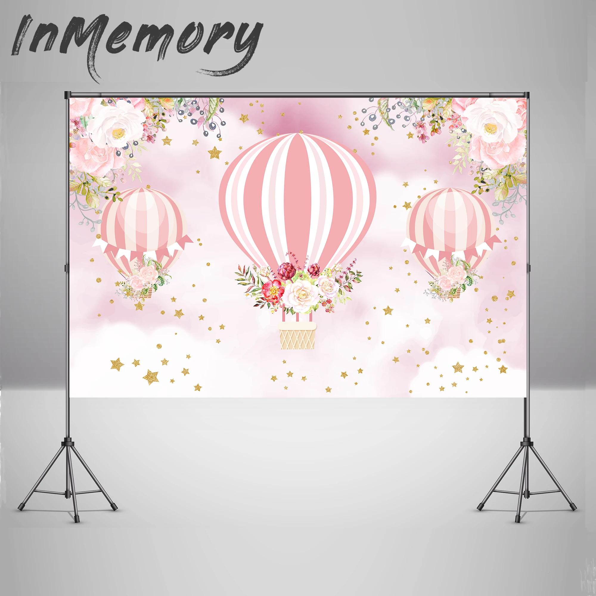 Pink Hot Air Balloon Baby Shower Backdrop Flower Birthday Photo Background Pink Sky White Cloud Dessert Table Backdrops