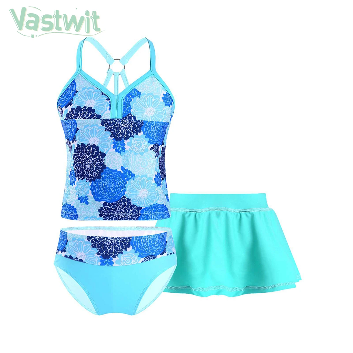 Kids Children Girls Swimsuit Swimwear Outfit V Neck Floral Print Tankini Tops with Skirt Brief Set Beachwear Bikini Bathing Suit