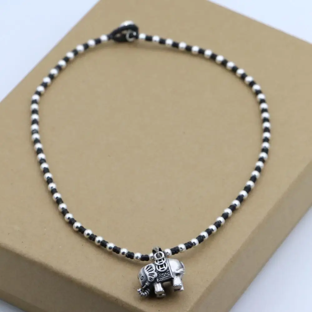 Thai hand-woven wax rope clavicle chain 925 sterling silver necklace female round bead silver beads baby elephant transfer beads