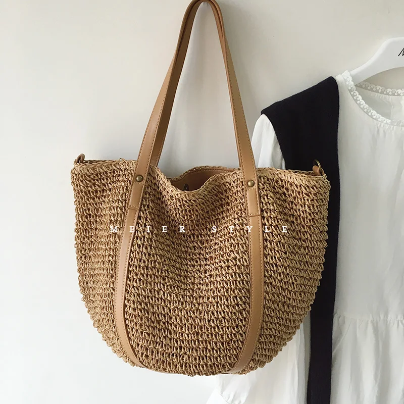 Casual Straw Woven Women Shoulder bag Wicker Handmade Handbags Women\'s bag Bohemian Beach bags for women Large Capacity Shopper