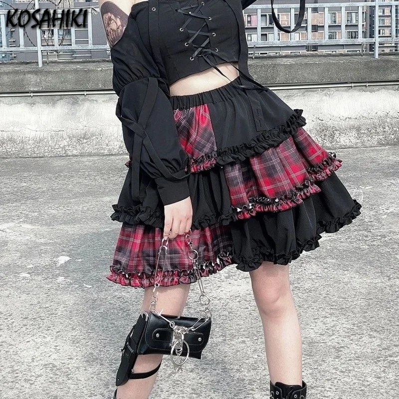 KOSAHIKI Black Plaid Goth Pleated Skirt Woman Gothic Punk Harajuku EGirl Mini Skirts Lolita Fairy Grunge Patchwork Alt Clothes